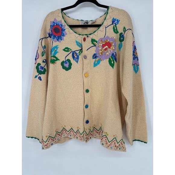 Vtg Storybook Knits Cardigan Sweater 2X Embroidered Sequin Floral Wearable Art - Picture 1 of 13